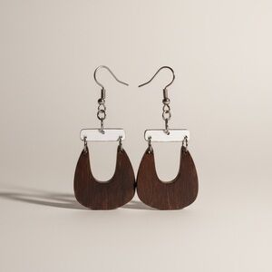 Wood and Silver Teardrop Dangle Earrings - Brown